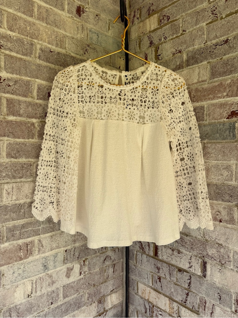 Women's Cream Crochet Yoke Lace-Sleeve Blouse